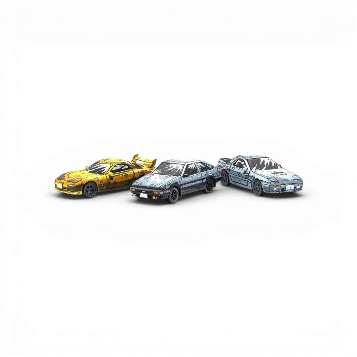 Ensemble de 3 voitures Initial-D en édition Comic 1:64 de DriftParadiZ, avec voiture KS07117Y gratuite, vue de face.