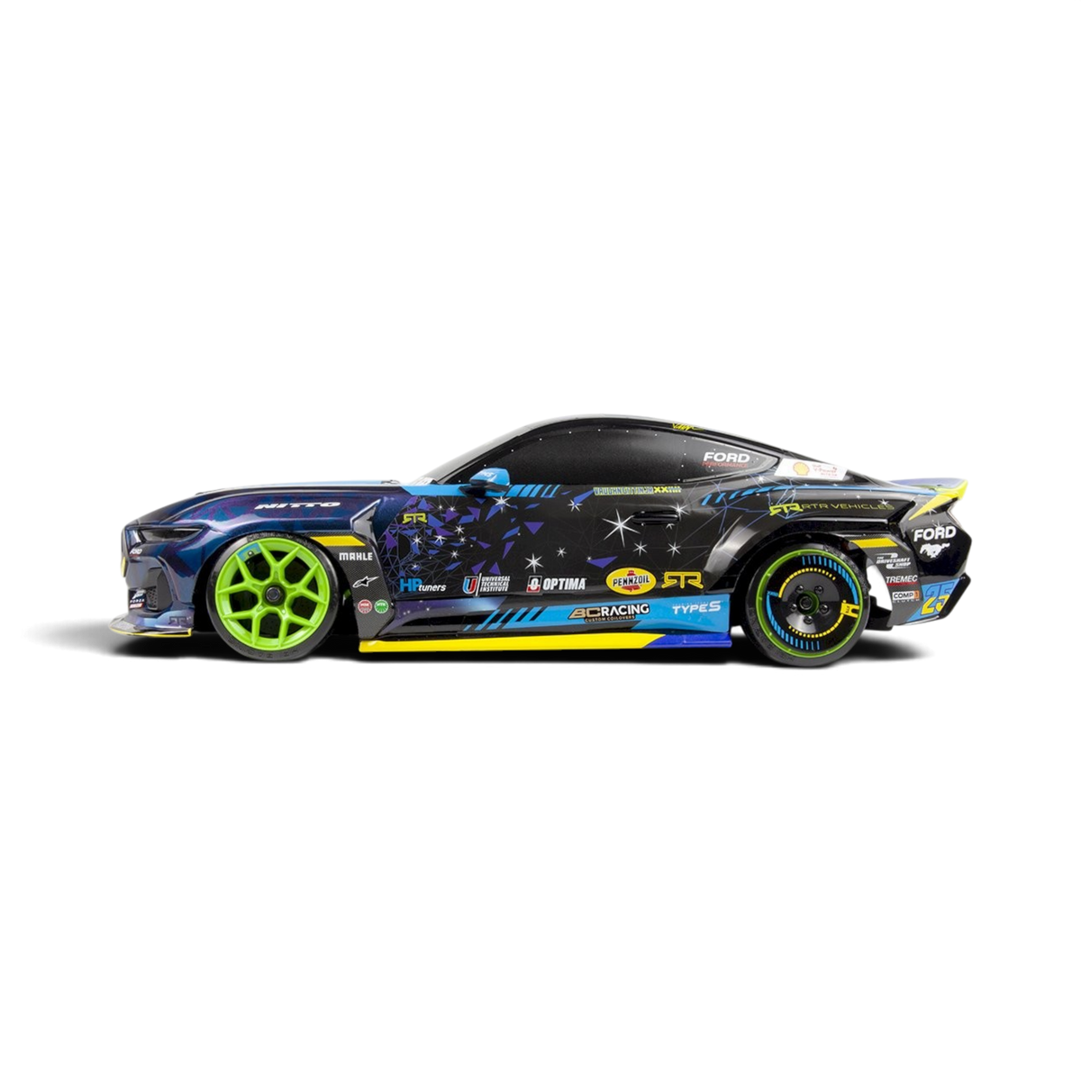 Voiture RC Ford Mustang RTR Spec-5 FD Vaughn Gittin Jr HPI pour drift, modèle réduit avec détails réalistes et pneus larges.
