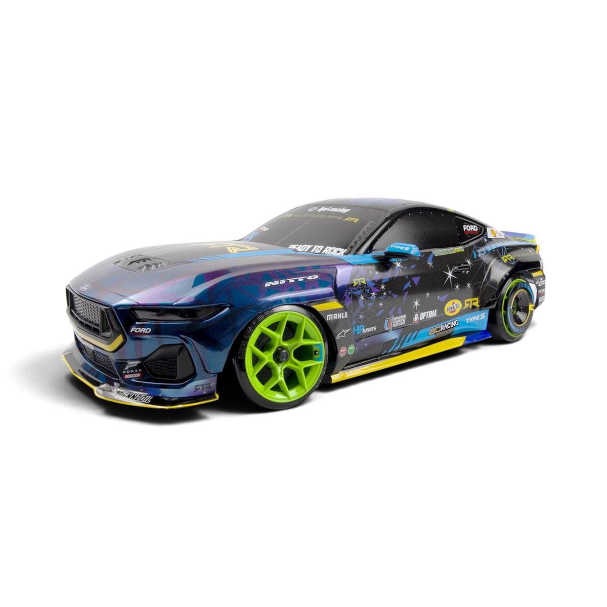 Voiture RC drift HPI Ford Mustang RTR Spec-5 FD Vaughn Gittin Jr, modèle électrique brushless, vue en gros plan brillante et détaillée