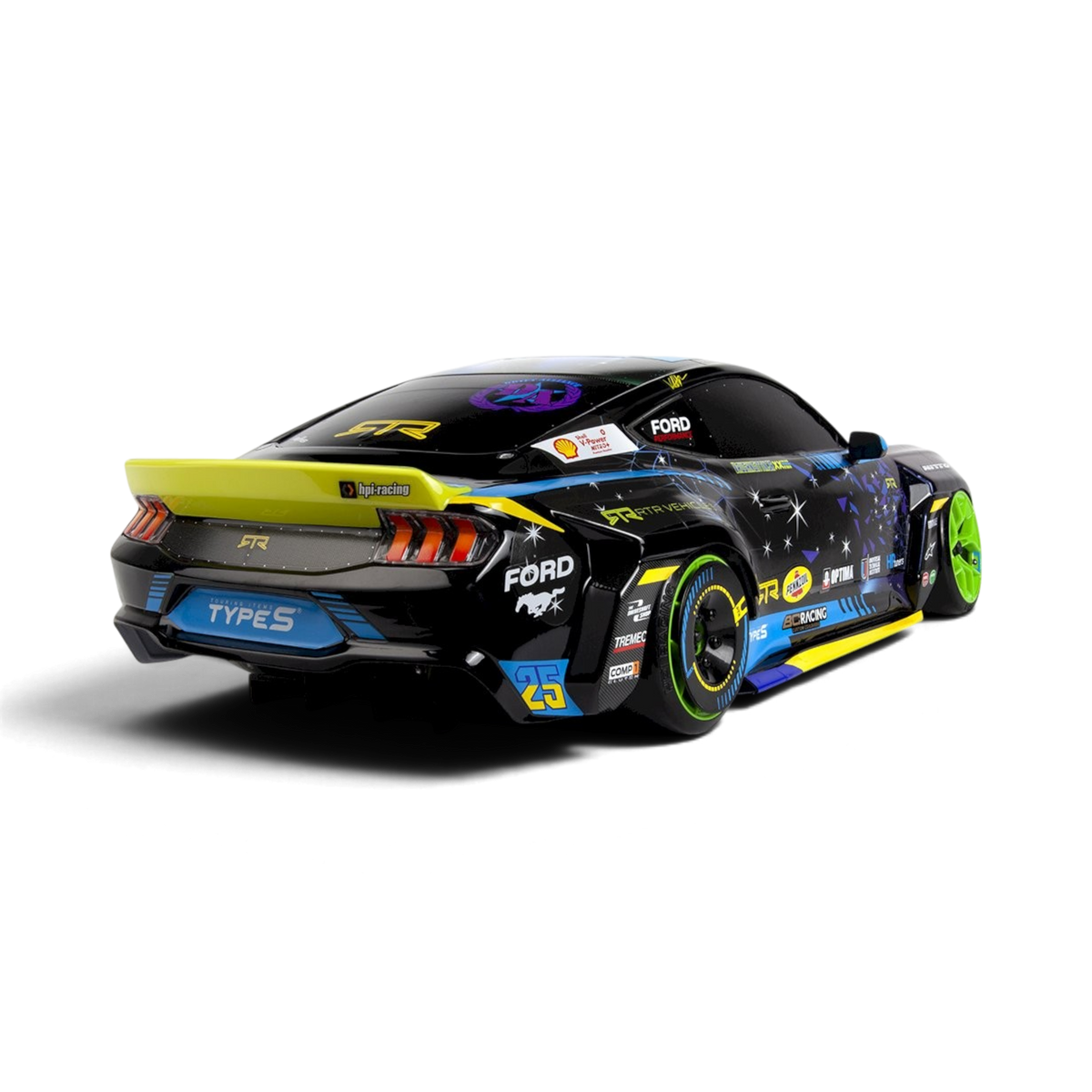 DriftParadiZ Ford Mustang GT RTR S650-kaross målad i svart med neon gula detaljer för RC-bil i skala 1/10