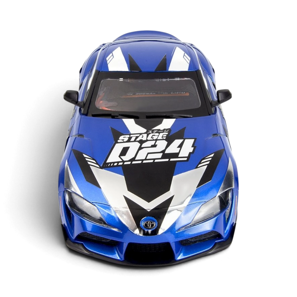 Voiture RC drift HPI Toyota GR Supra 2024 Metallic Dawn Blue, modèle réduit RTR, vue de face avec détails métalliques brillants.