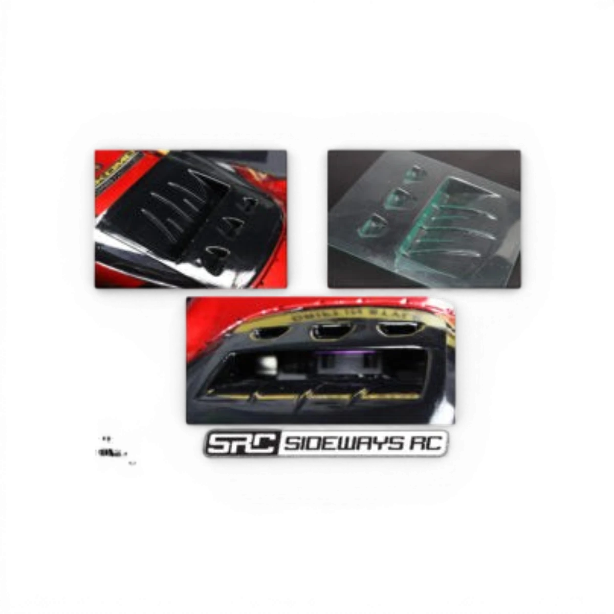 Sortie d'air arrière en polycarbonate 80x85 mm réductible 70x75 mm de la marque Src Sideways RC, conçue pour la customisation.