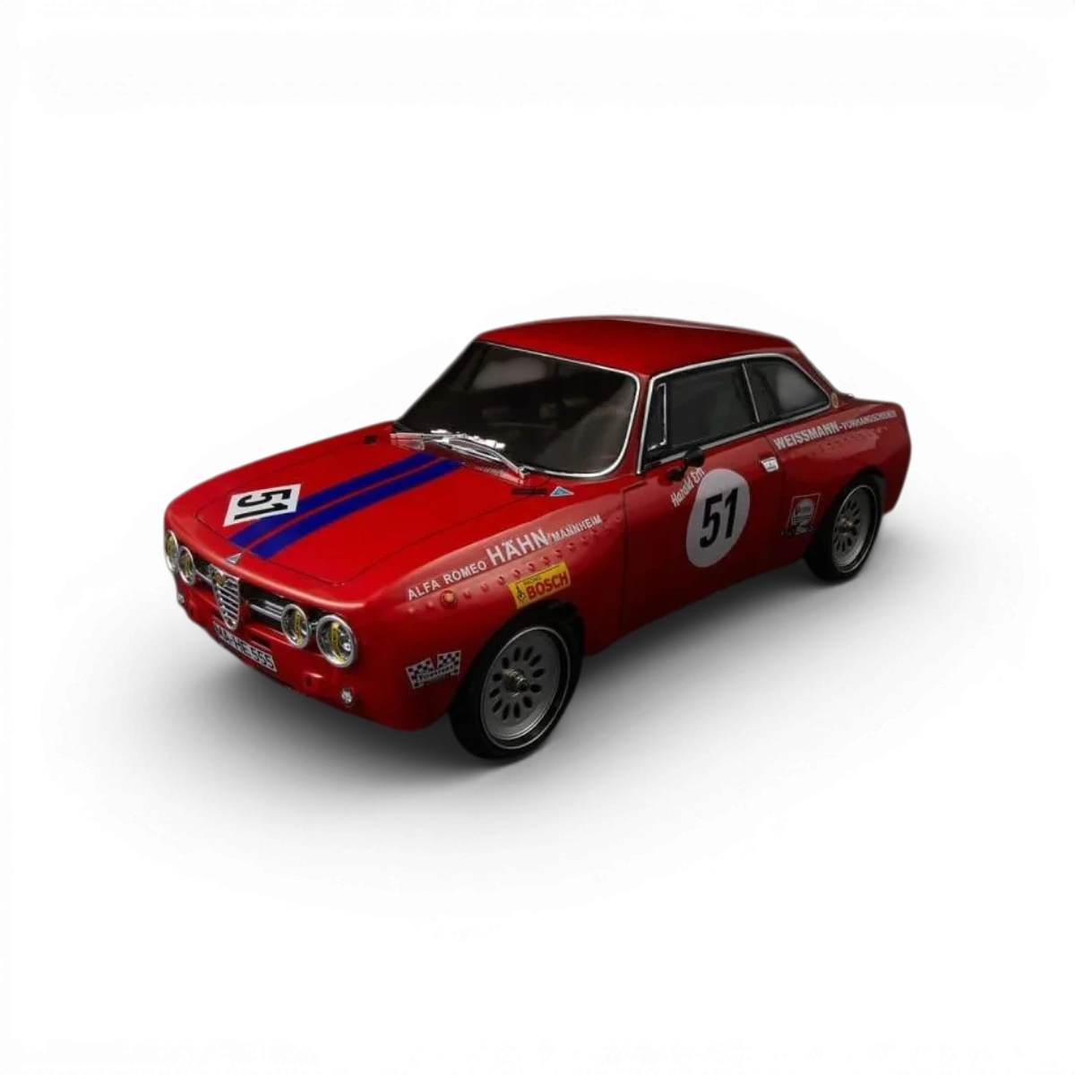 Voiture Alfa Romeo 2000 GTAM peinte par Killer Body, vue de face avec détails de la carrosserie rouge brillante.