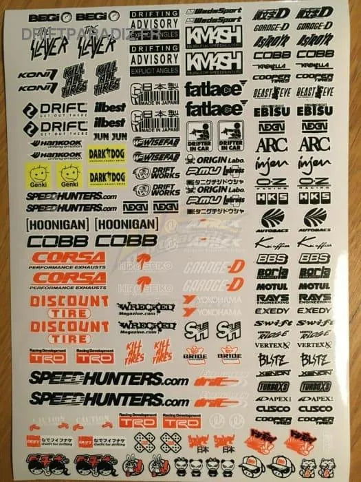 Sponzorské samolepky Black Drift Stickers, kolekce 21, z černého vinylu s logy sponzorů pro drift auta.