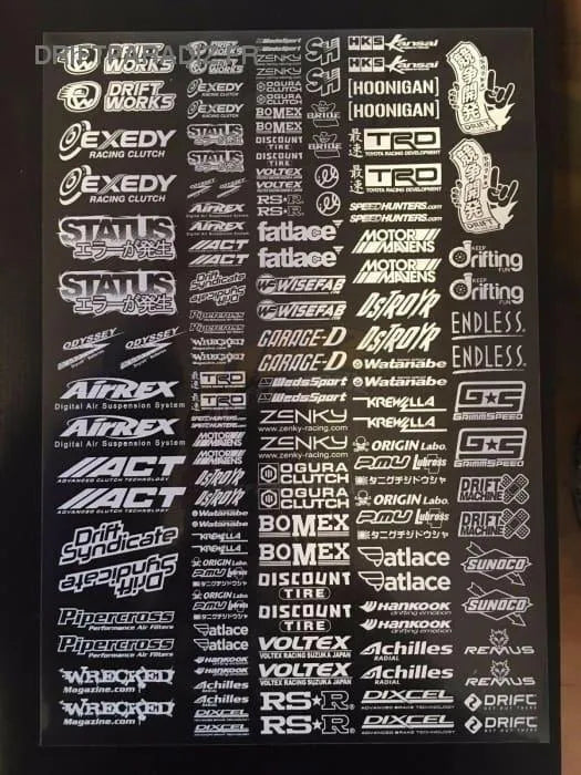 Sponzorské samolepky Black Drift Stickers v černé barvě, sada 22 kusů pro úpravu driftových aut a vozů pro motorsport.