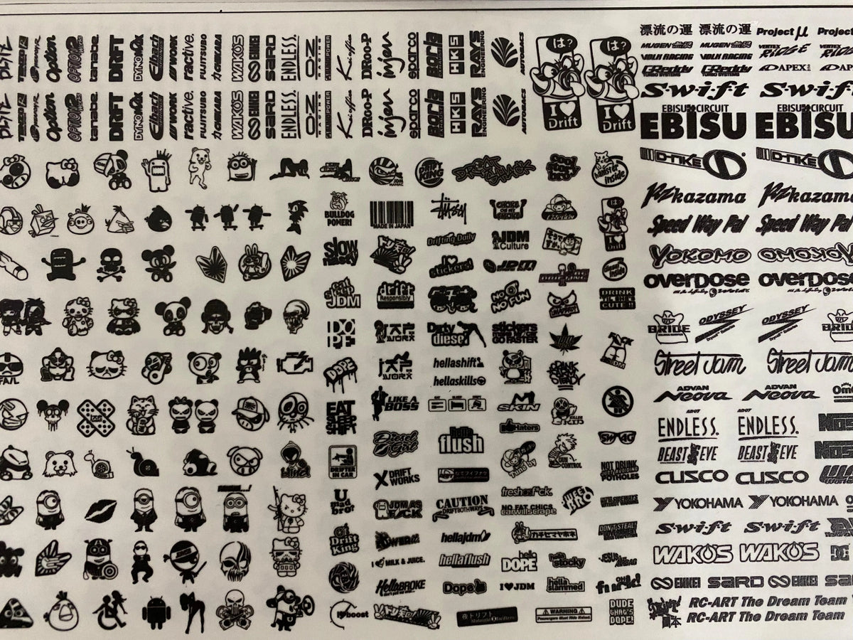 Autocollants sponsors petits de la marque Black Drift, lot de 12 stickers noirs pour décoration de voiture sportive.