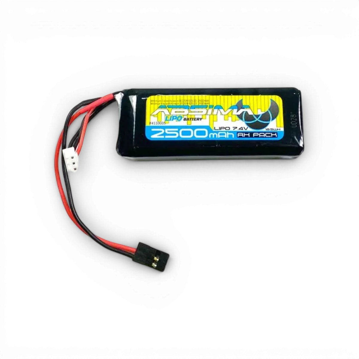 Batterie LIPO Absima 2500mAh 7.4V pour télécommande, produit électronique avec connecteurs visibles.