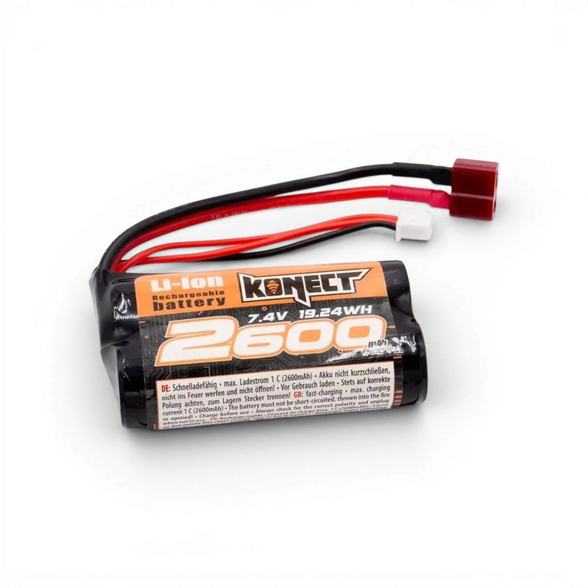 Batterie Li-ion 7.4V 2600mAh 15C Konect pour appareils électroniques, vue de face avec connecteurs visibles.