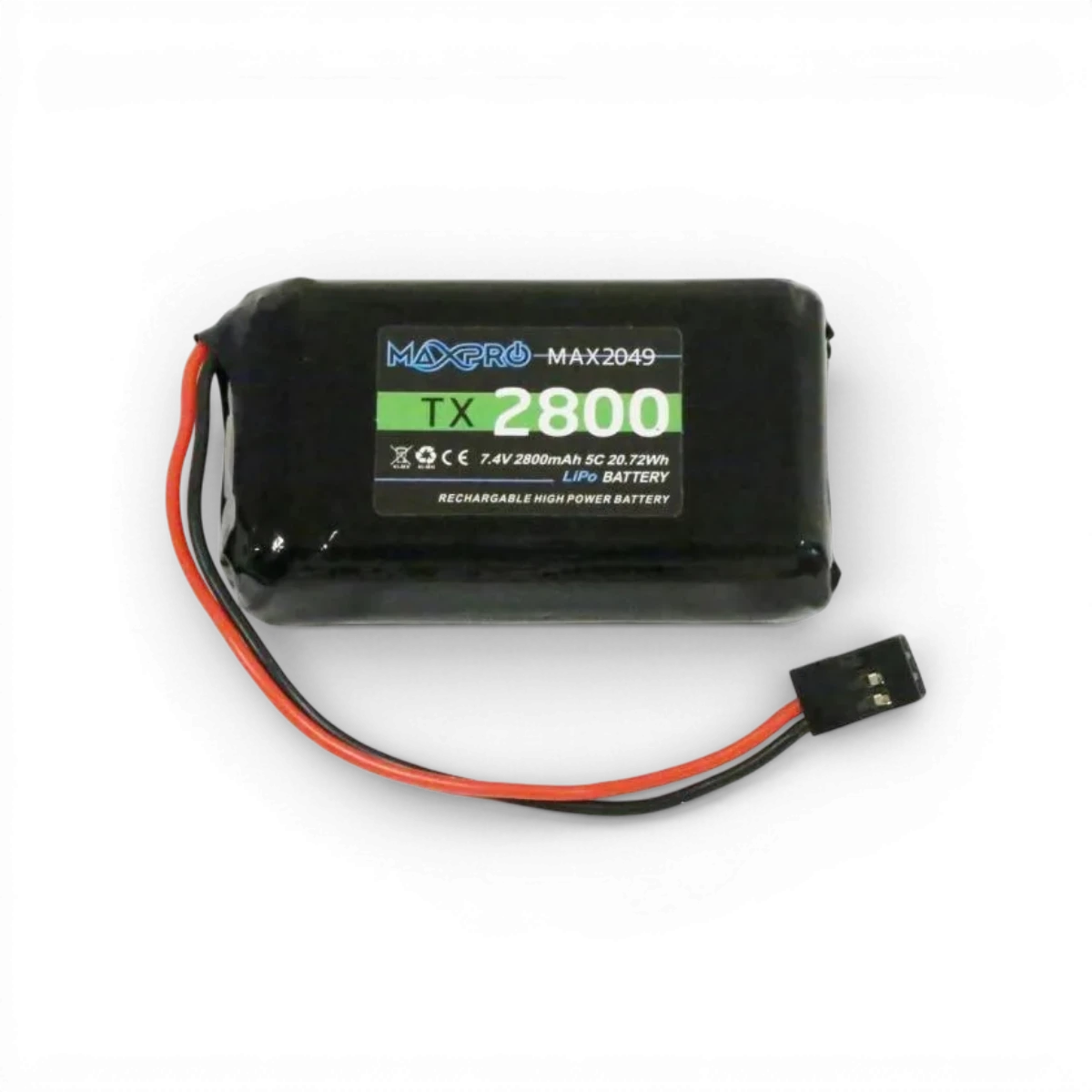 Batterie LiPo 2800mAh pour radio Futaba, électronique de haute performance, vue de côté avec connecteurs visibles.