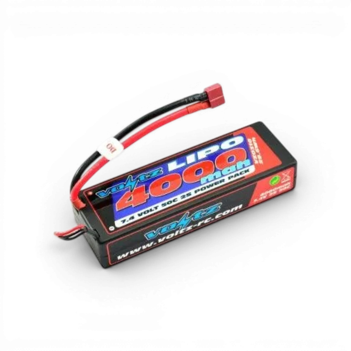 Batterie Lipo Voltz 4000mAh 2S 7.4V 50C pour électronique, vue de face avec connecteurs et étiquette.