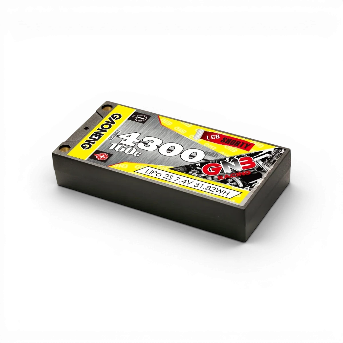 Batterie Lipo 7,4V 4300mAh 160C Gaoneng pour drone ou modèle électronique, format court, connecteurs visibles.