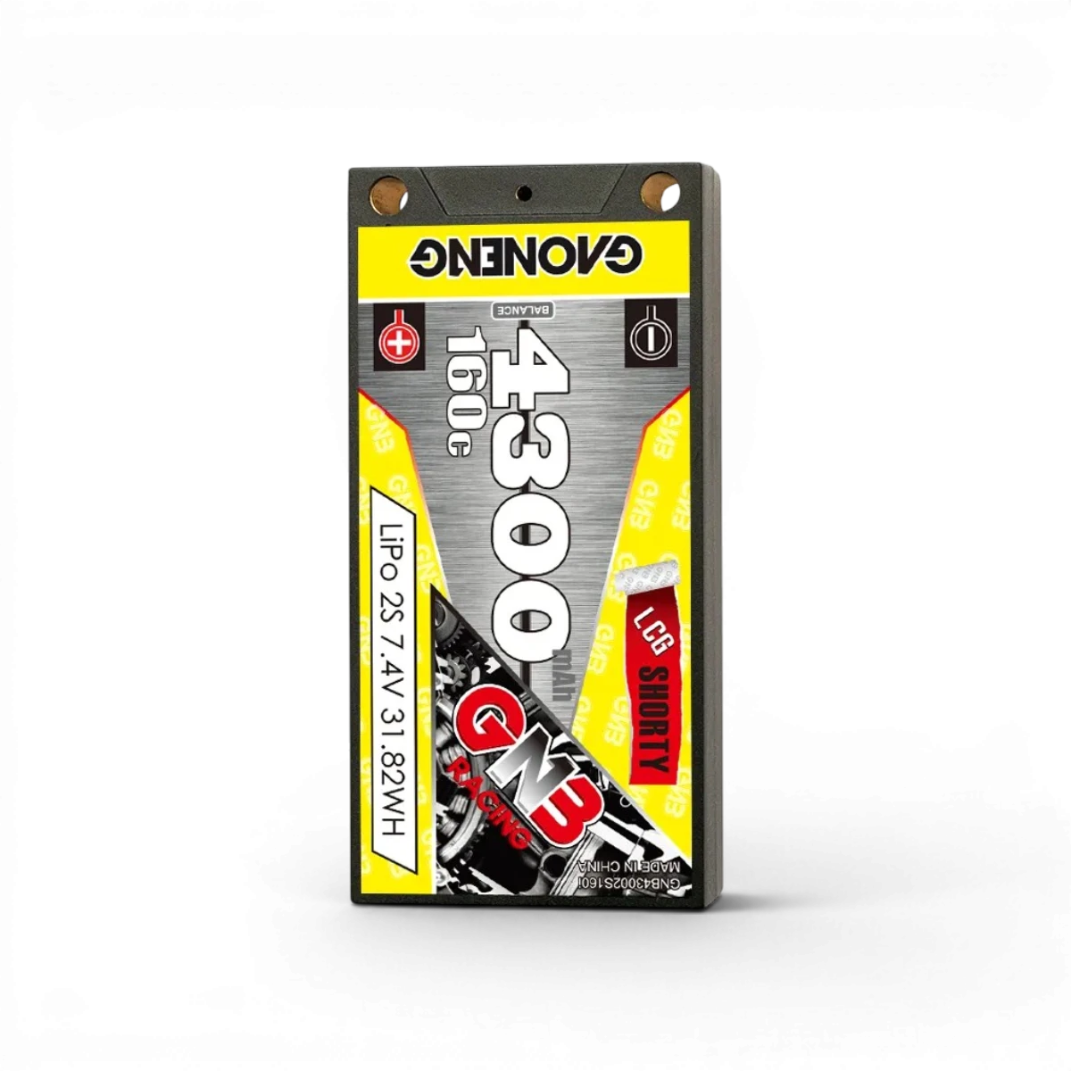Batterie LiPo 7,4V 4300mAh 160C Gaoneng LCG courte pour électronique, vue de face avec connecteurs visibles