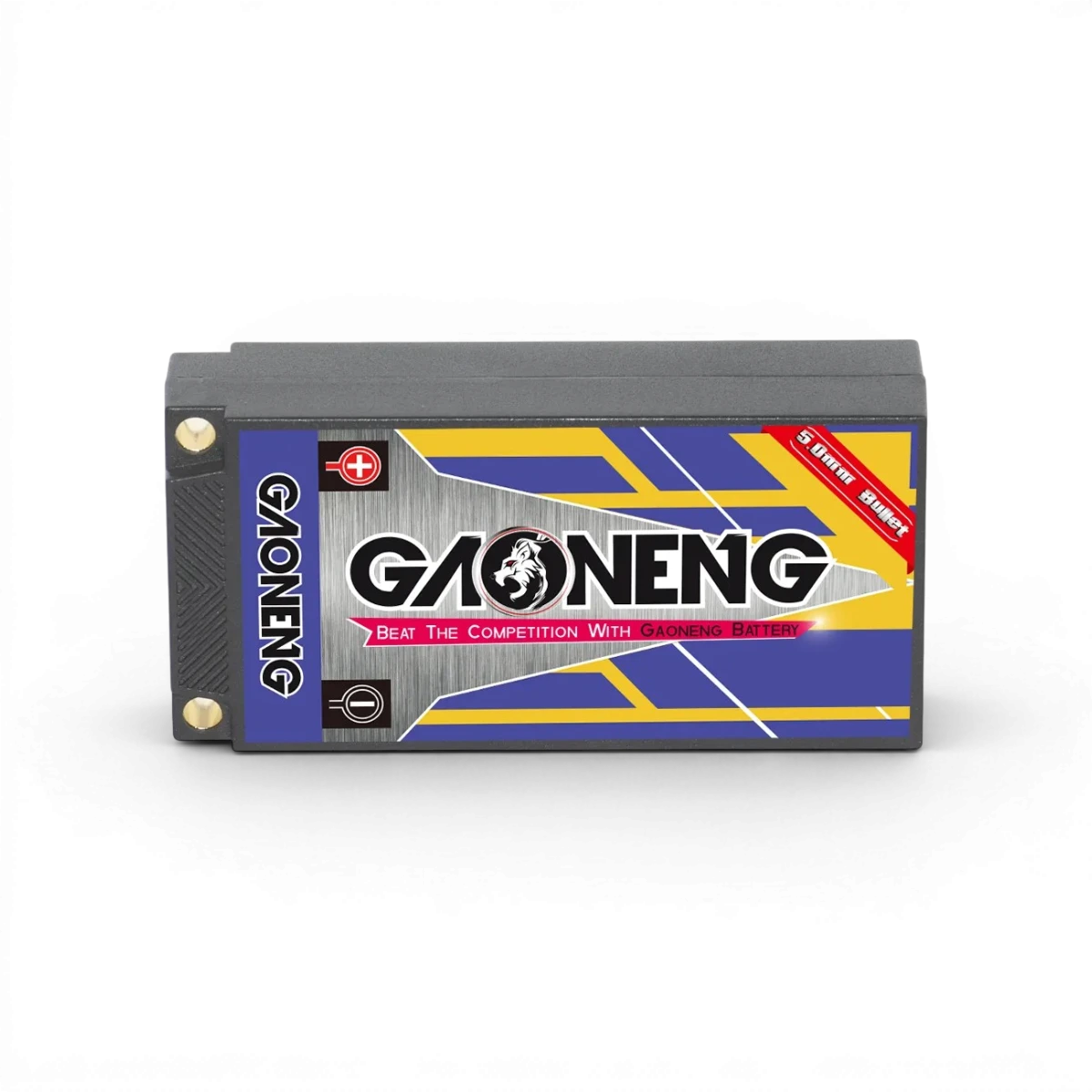 Batterie Lipo Gaoneng 7.4V 5500mAh 140C pour électronique, vue de face avec connecteurs visibles.