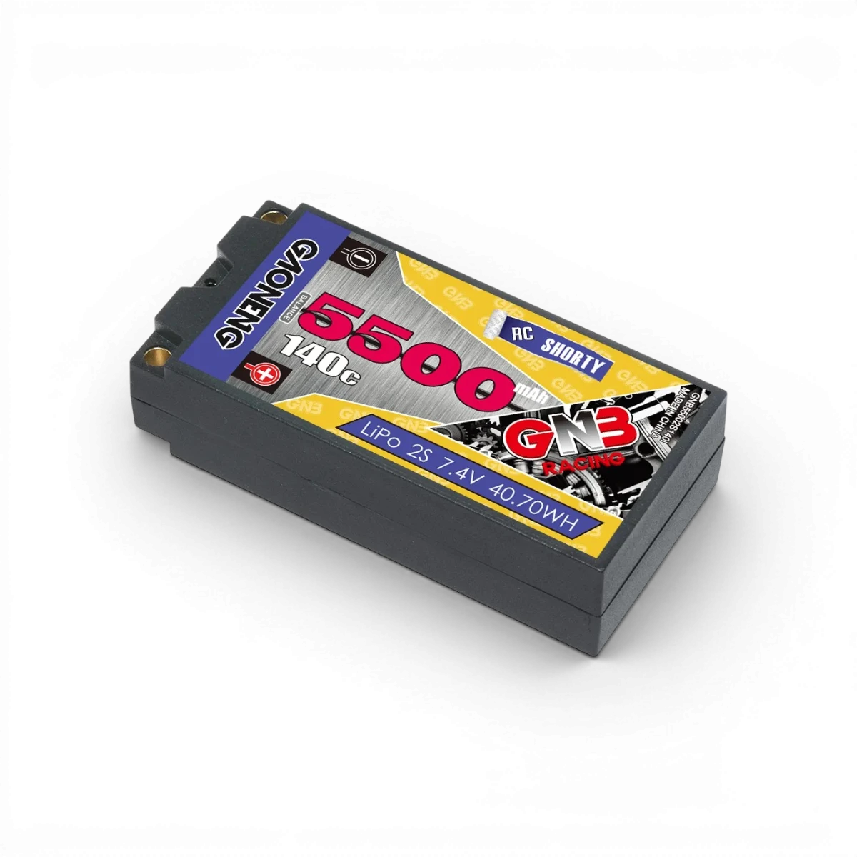 Batterie Lipo Gaoneng 7,4V 5500mAh 140C pour électronique, vue de face avec connecteurs visibles.