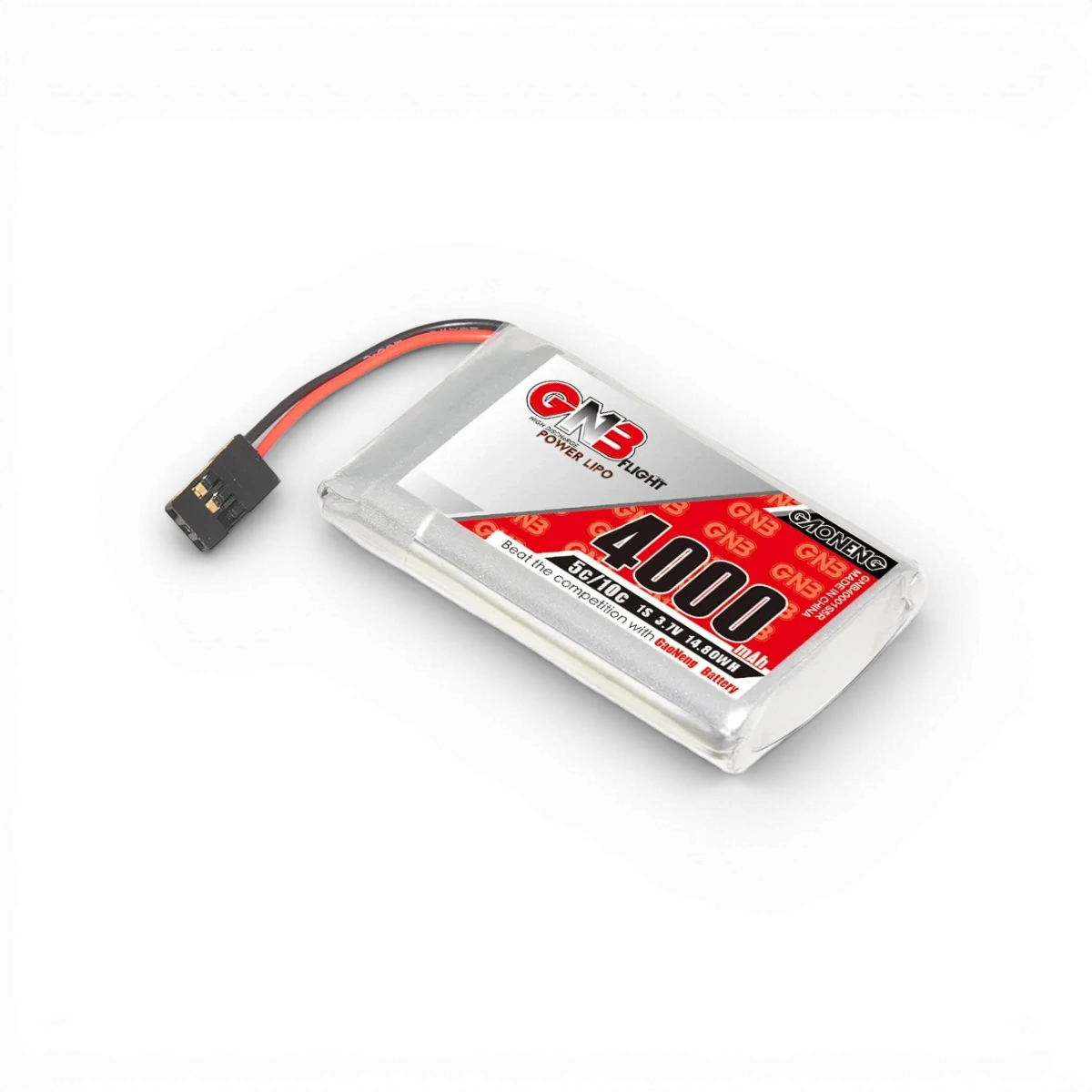 Batterie LiPo Gaoneng 4000mAh 1S 3.7V pour télécommande Sanwa MT-5 ou M17, vue de face avec connecteur visible