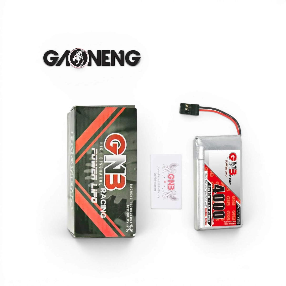 Batterie LiPo Gaoneng 4000mAh 1S 3,7V pour télécommande Sanwa MT-5 ou M17, vue de face avec connecteur visible.