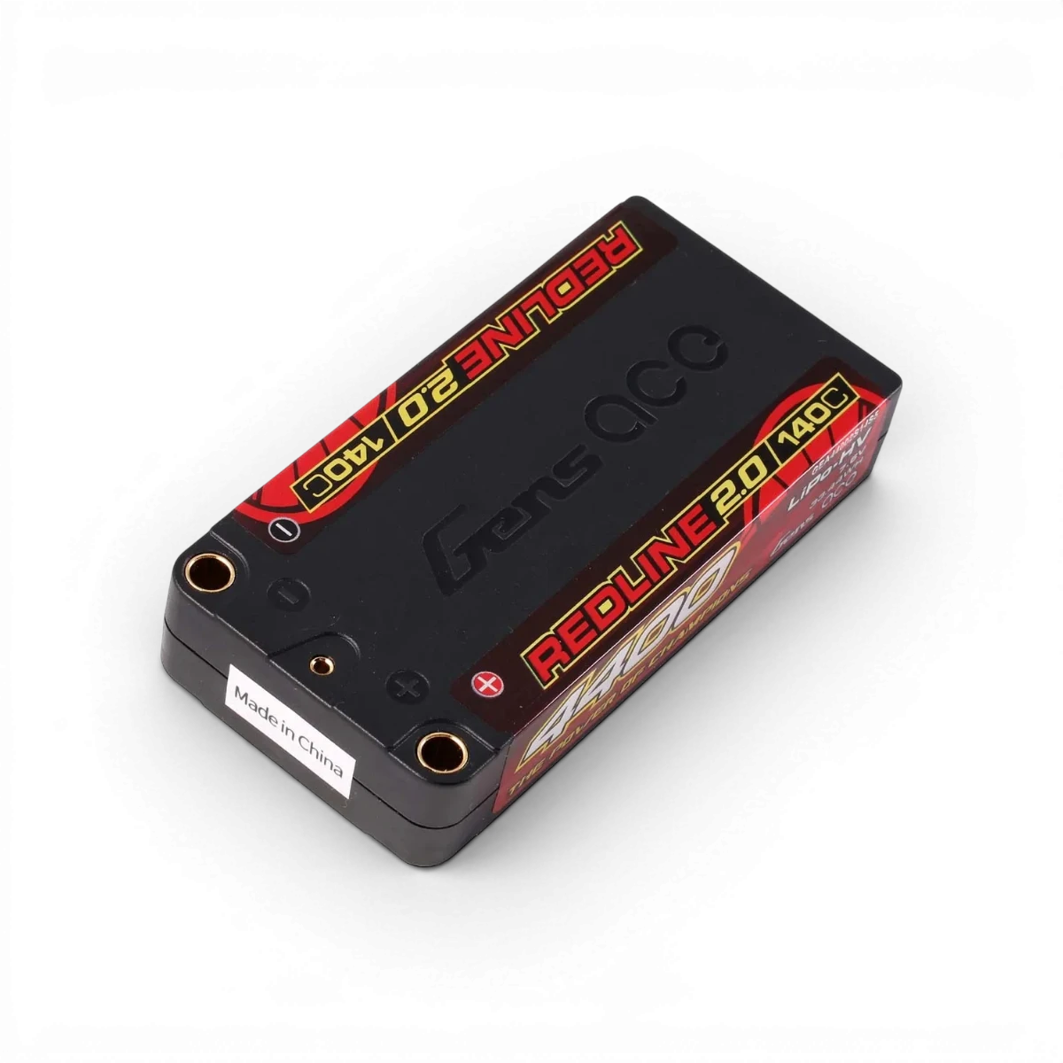 Batterie LiPo Redline 2.0 2S 140C 4400mAh de la marque Gens Ace, vue de face avec connecteurs et étiquettes.