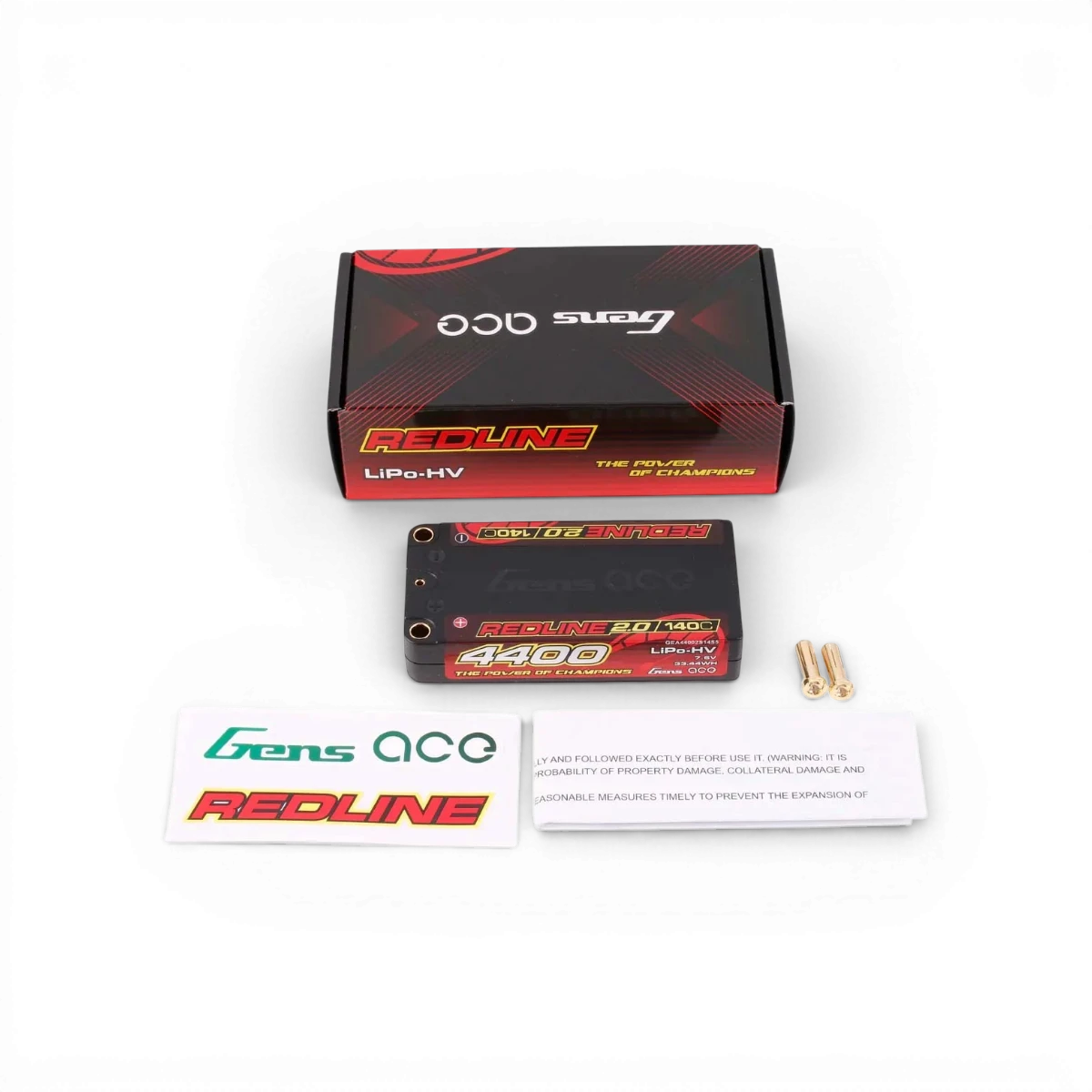 Batterie LiPo Redline 2.0 2S 140C 4400mAh de la marque Gens Ace pour électronique, vue de face avec connecteurs.
