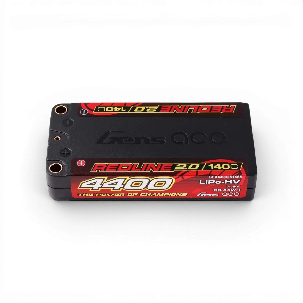 Batterie LiPo Redline 2.0 2S 140C 4400mAh de la marque Gens Ace pour électronique, vue de face avec étiquettes.