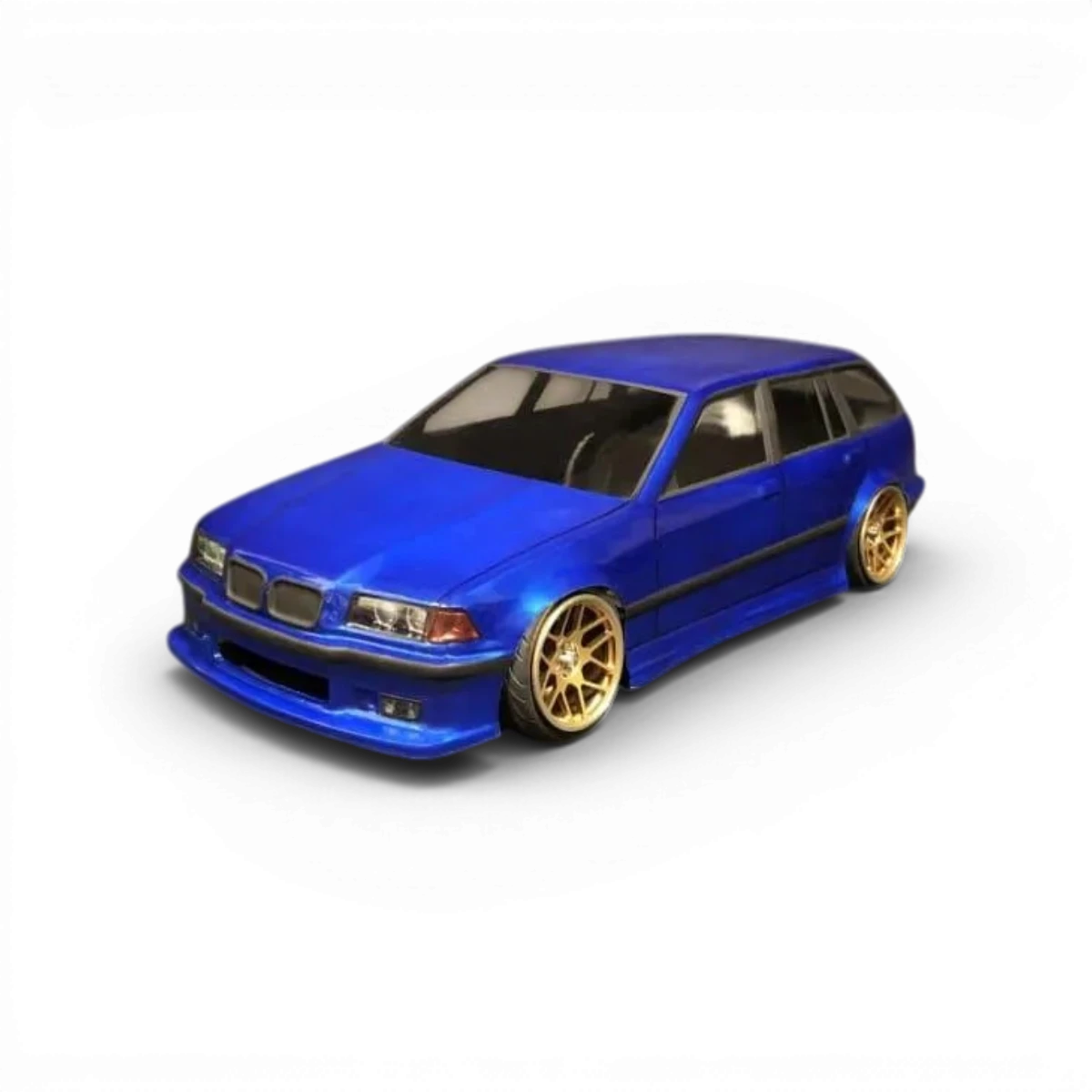Carrosserie de voiture BMW E36 Touring pour modèle RC, fabriquée par Aplastics RC, vue de côté avec détails de la carrosserie.
