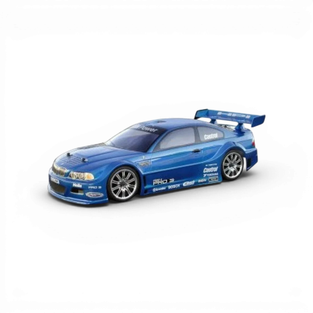 Carrosserie BMW M3 GT E46 HPI, détail de la carrosserie de voiture miniature, peinture bleue avec éléments noirs.
