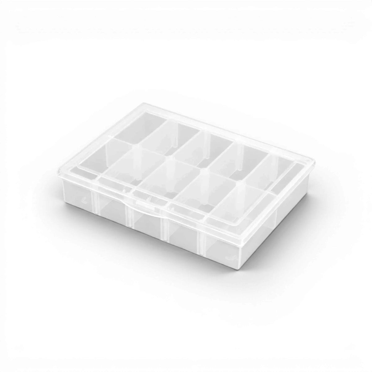 Boîte de 10 compartiments variables Robitronic, dimensions 134x100x29 mm, accessoire de rangement pratique et modulable.