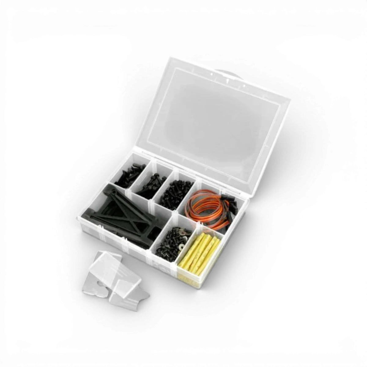 Boîte à 10 compartiments variables Robitronic, dimensions 134x100x29 mm, pour organiser accessoires ou petites pièces.