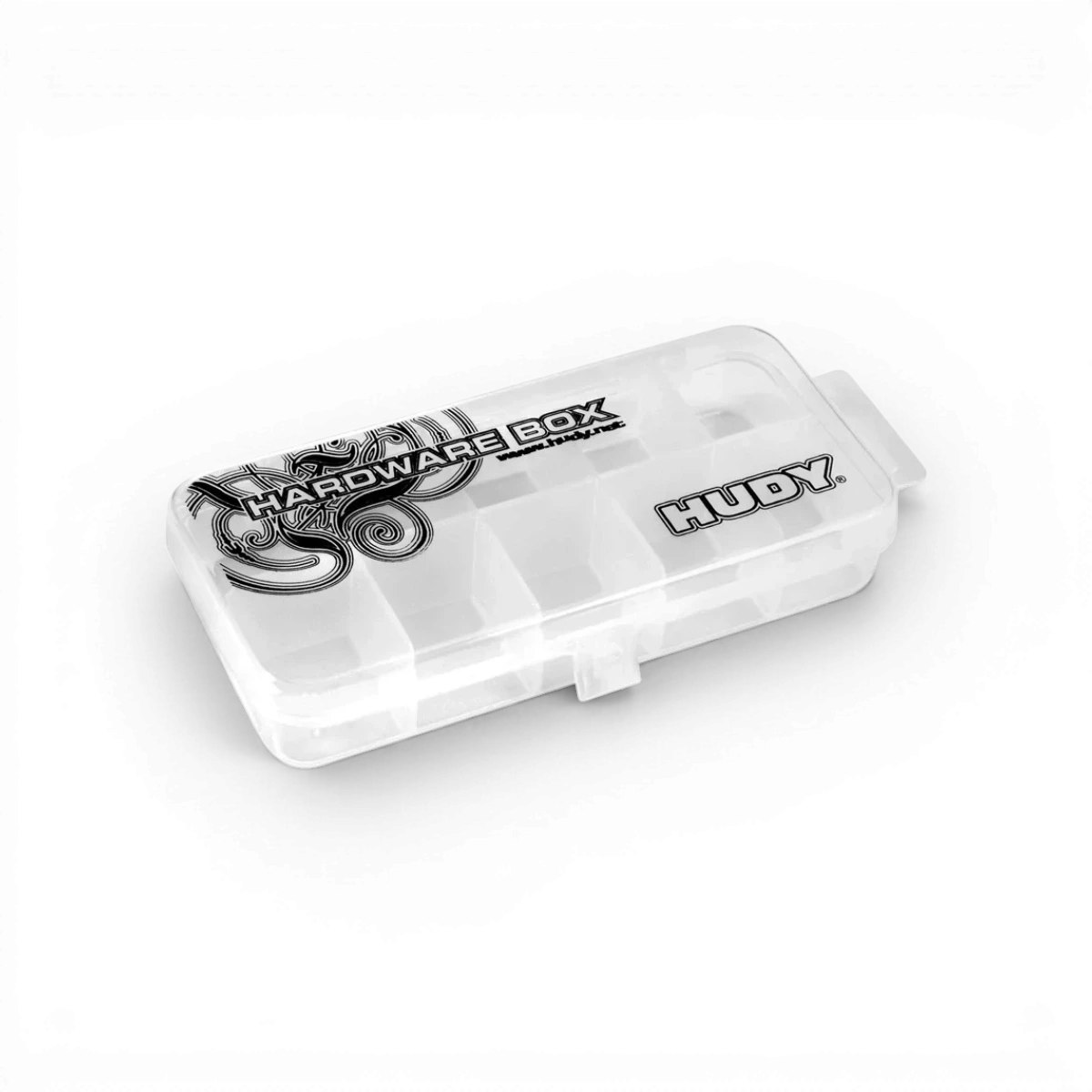 Boîte de rangement Hudy avec 10 compartiments larges pour accessoires, en plastique robuste, vue de face.
