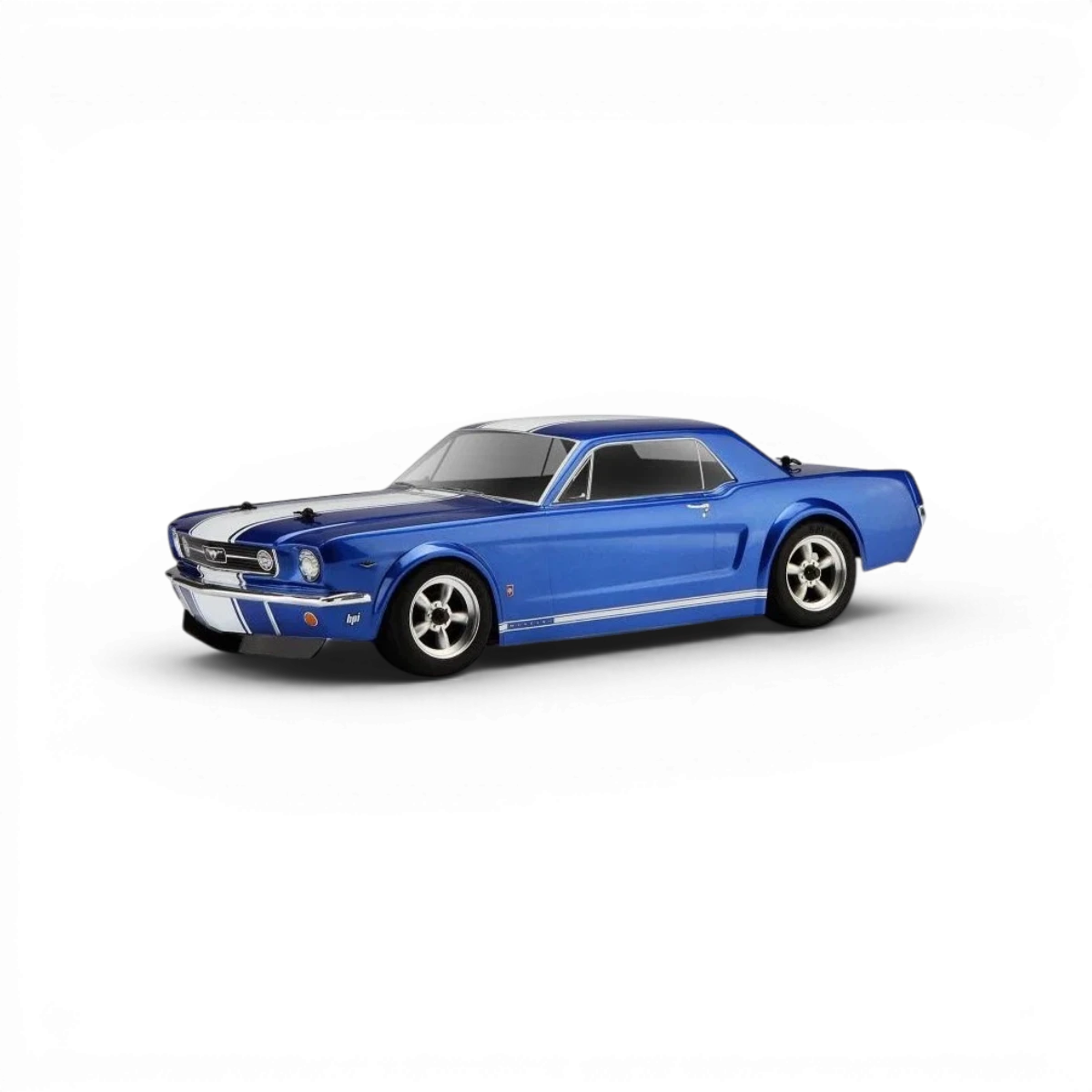 Carrosserie Mustang 1966 GT HPI pour voiture RC de 200 mm, vue de face avec détails de la carrosserie en plastique.