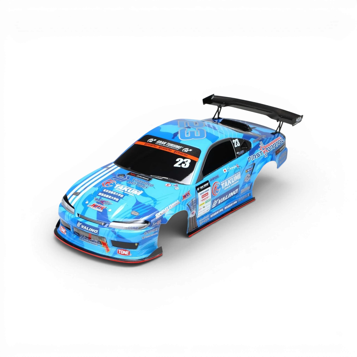 Carrosserie Nissan S15 Mercury Sayaka spéciale peinte pour voiture RC, marque Team Yokomo, vue de face sur fond blanc.