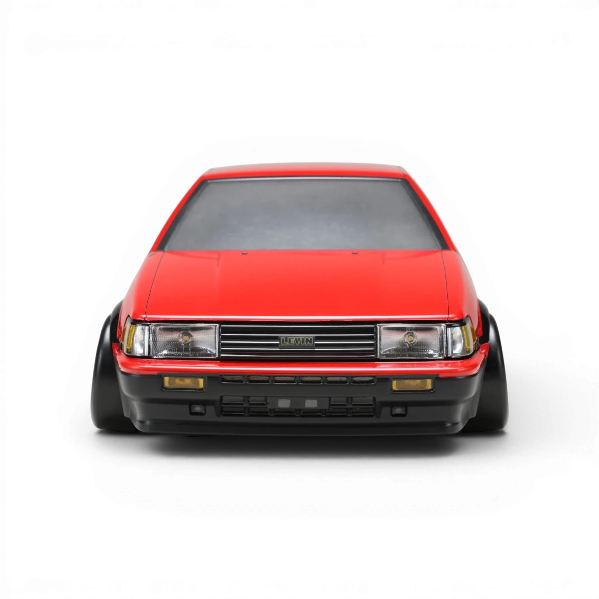 Carrosserie Toyota AE86 Levin L3 de Team Yokomo pour voiture RC, vue de face avec détails de la carrosserie.