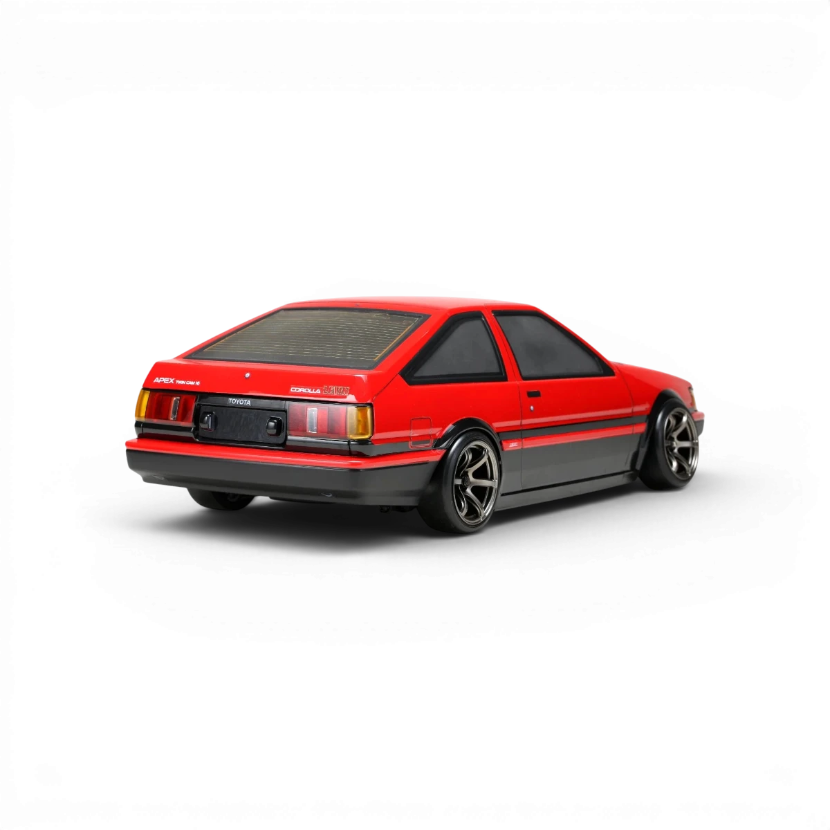 Carrosserie Toyota AE86 Levin L3 de Team Yokomo pour voiture RC, vue de face avec détails de la carrosserie.