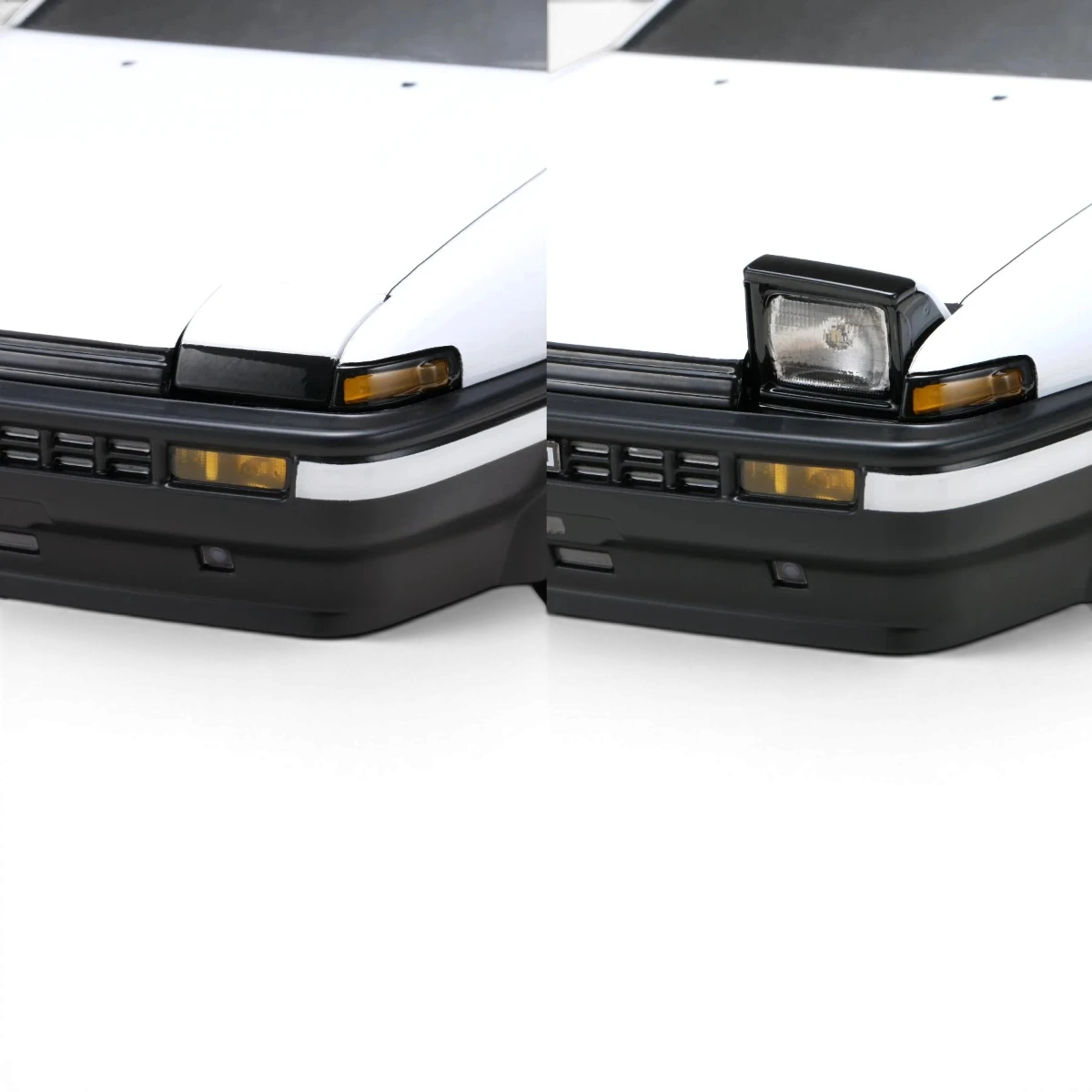 Carrosserie Toyota AE86 Trueno T3 de Team Yokomo, en plastique blanc avec détails en couleur bleue pour voiture RC.