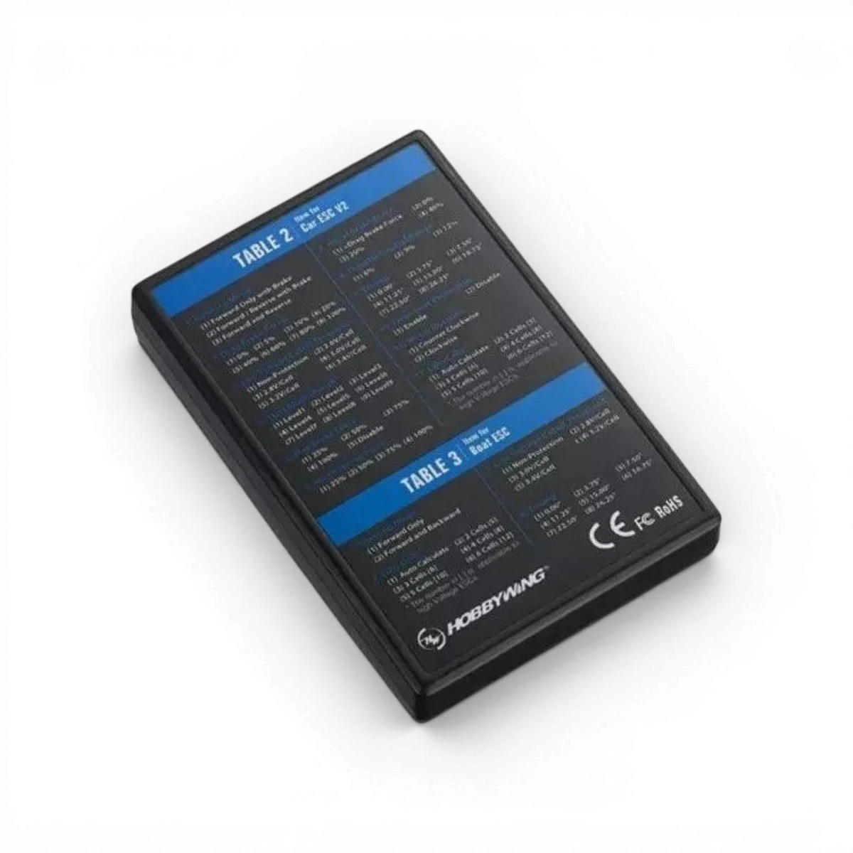 Carte de programmation LED Hobbywing pour électronique, avec boutons et écran pour configurer les paramètres.