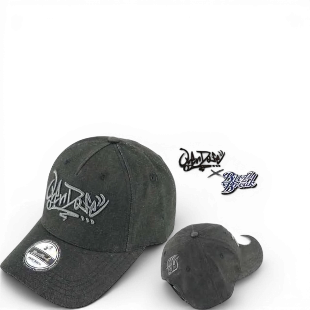 Casquette en denim Overdose BuzzBreak, accessoire de mode avec logo brodé, vue de face sur fond blanc.