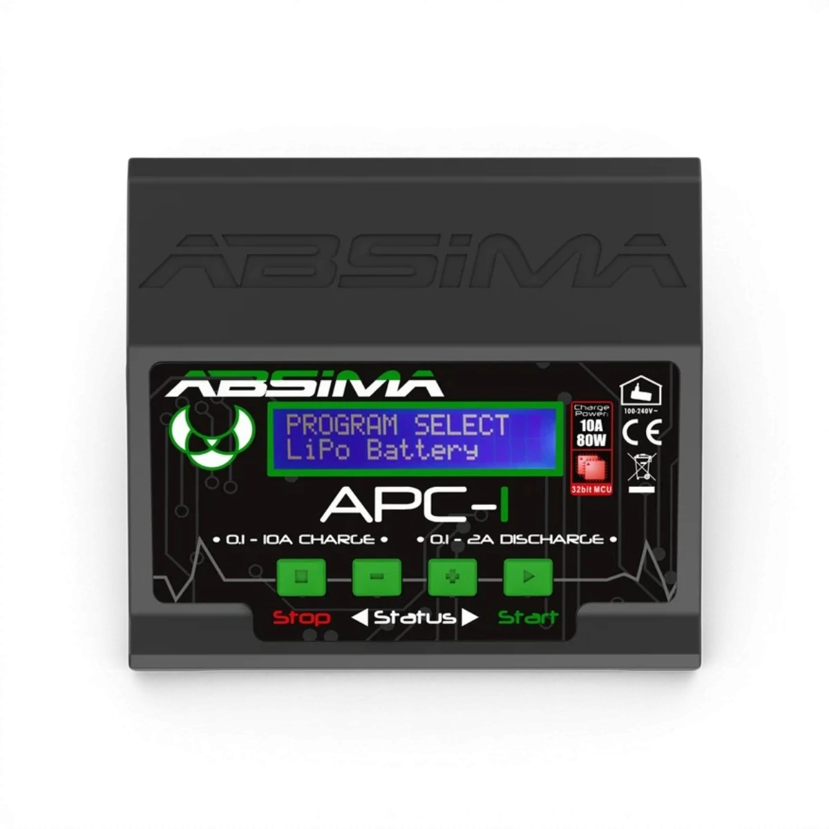 Chargeur électronique Absima APC-1 avec câbles connectés, conçu pour charger batteries et appareils électroniques.