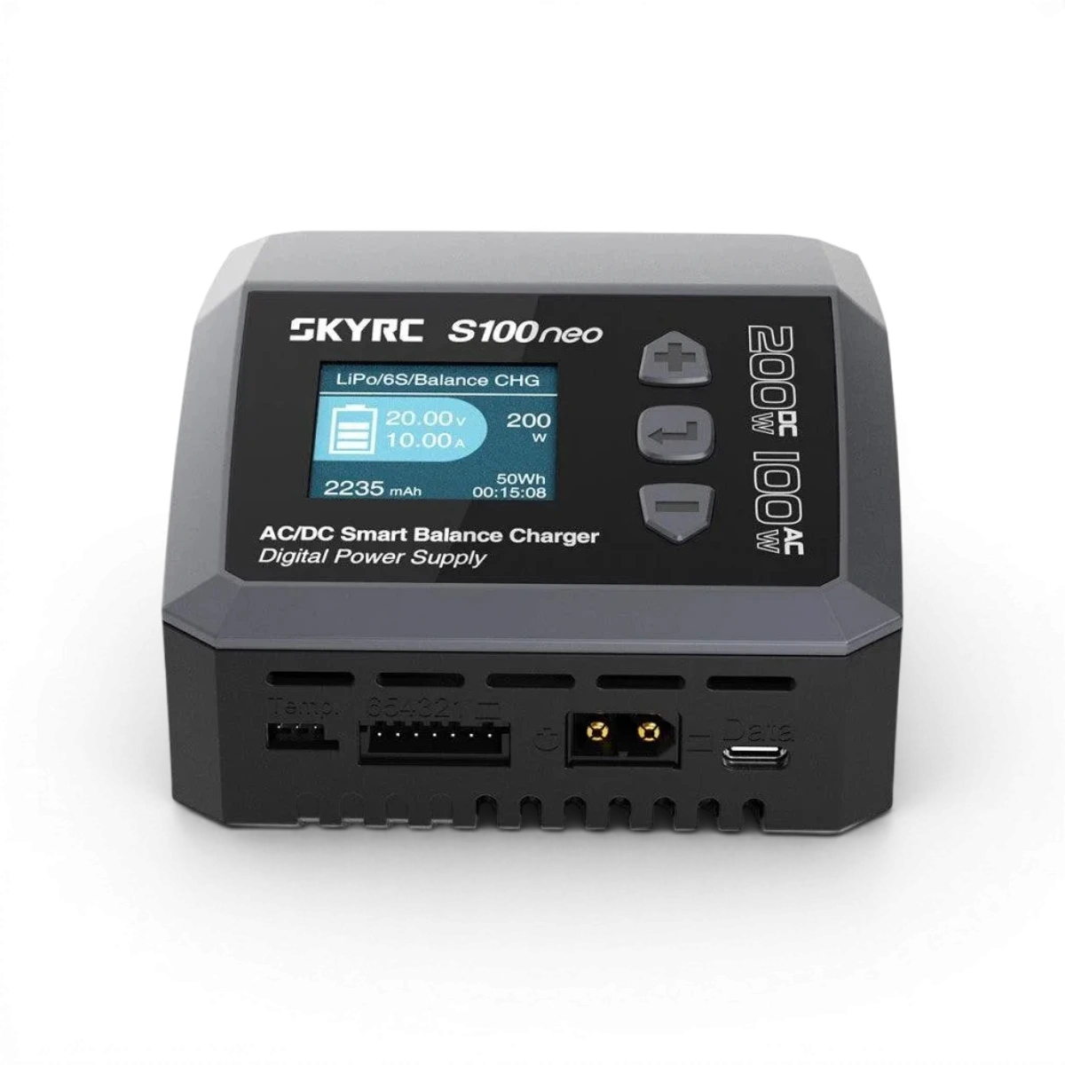 Chargeur S100neo de SkyRc pour appareils électroniques, avec écran et connecteurs, en image.