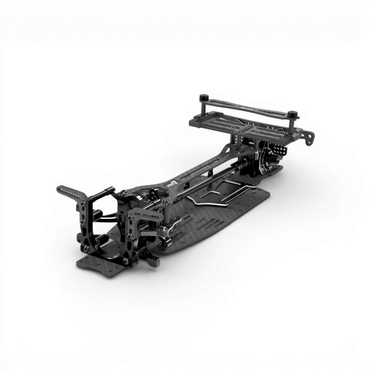 Châssis de drift FR layout Core Kit FR-D7 de Wrap-UP next, vue en gros plan montrant la structure en plastique noir.
