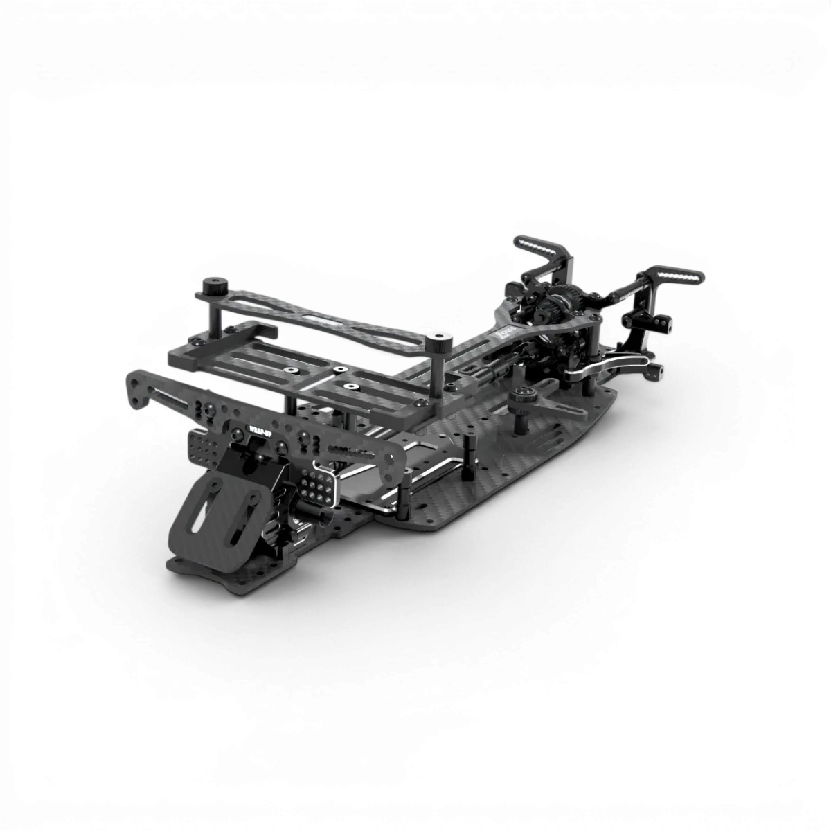 Châssis de drift FR layout Core Kit FR-D7 de Wrap-UP Next, vue en gros plan, composants en finition noire et détails techniques visibles.