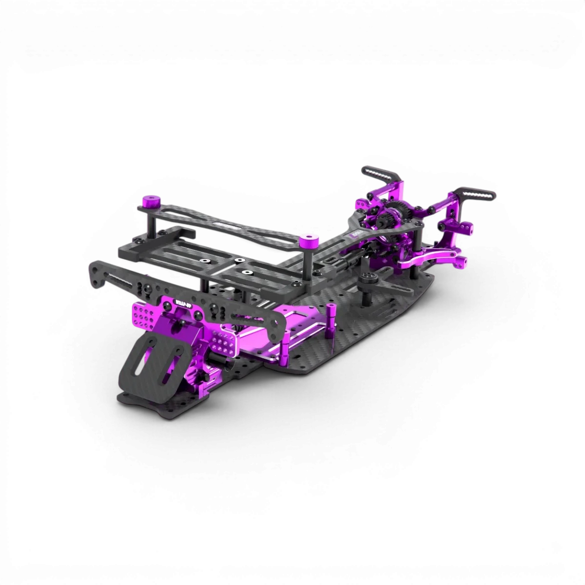 Châssis de drift FR layout Core Kit FR-D7 de Wrap-UP Next, vue détaillée du châssis en plastique noir.
