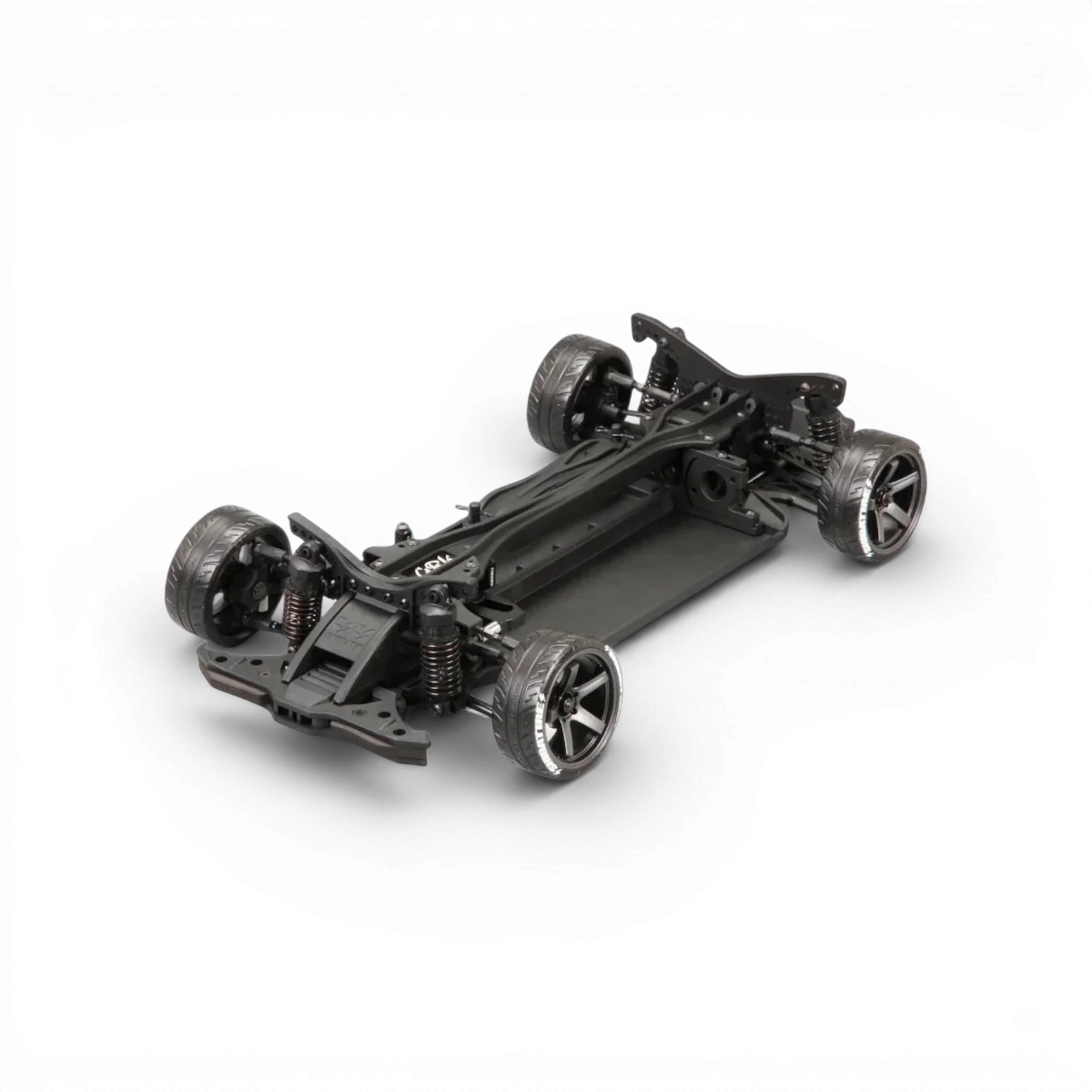 Châssis RC Drift GRK GS2 Modified de la marque SHIBATA, vue en gros plan montrant la structure en plastique et composants.