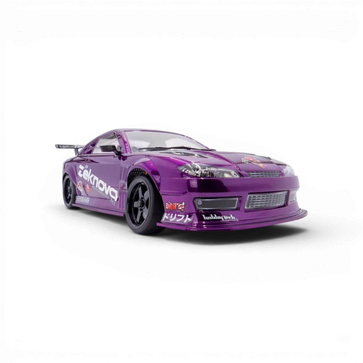 Châssis RC drift HOBBYTECH OVER-D10 RTR Brushless RWD, vue de face montrant le châssis de voiture télécommandée.