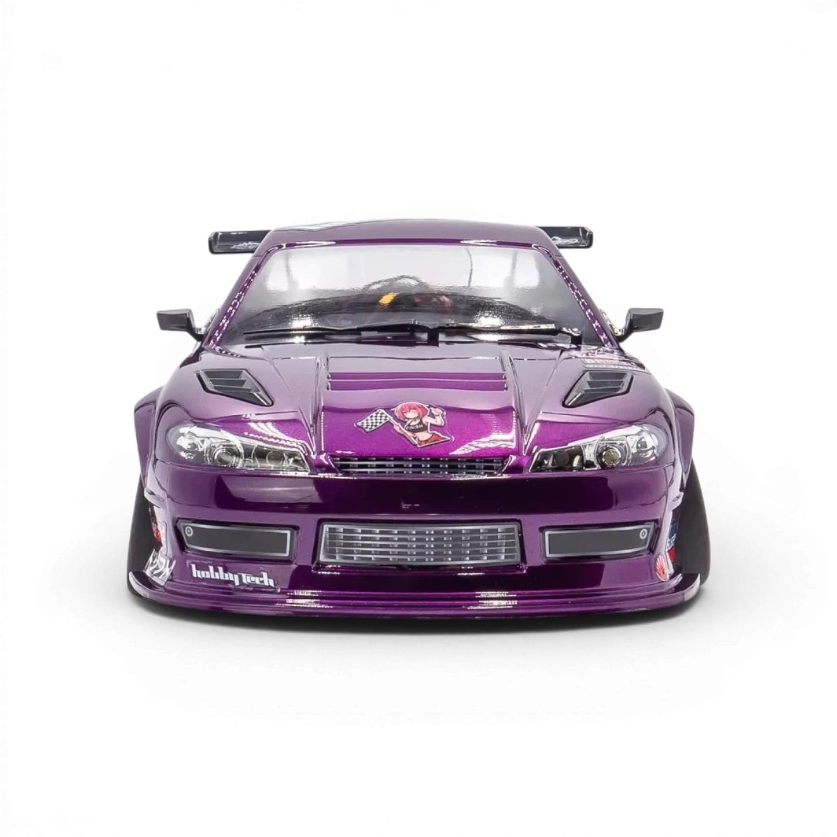 Châssis RC drift HOBBYTECH OVER-D10 RTR Brushless RWD, vue du dessus montrant le châssis noir avec composants électroniques.