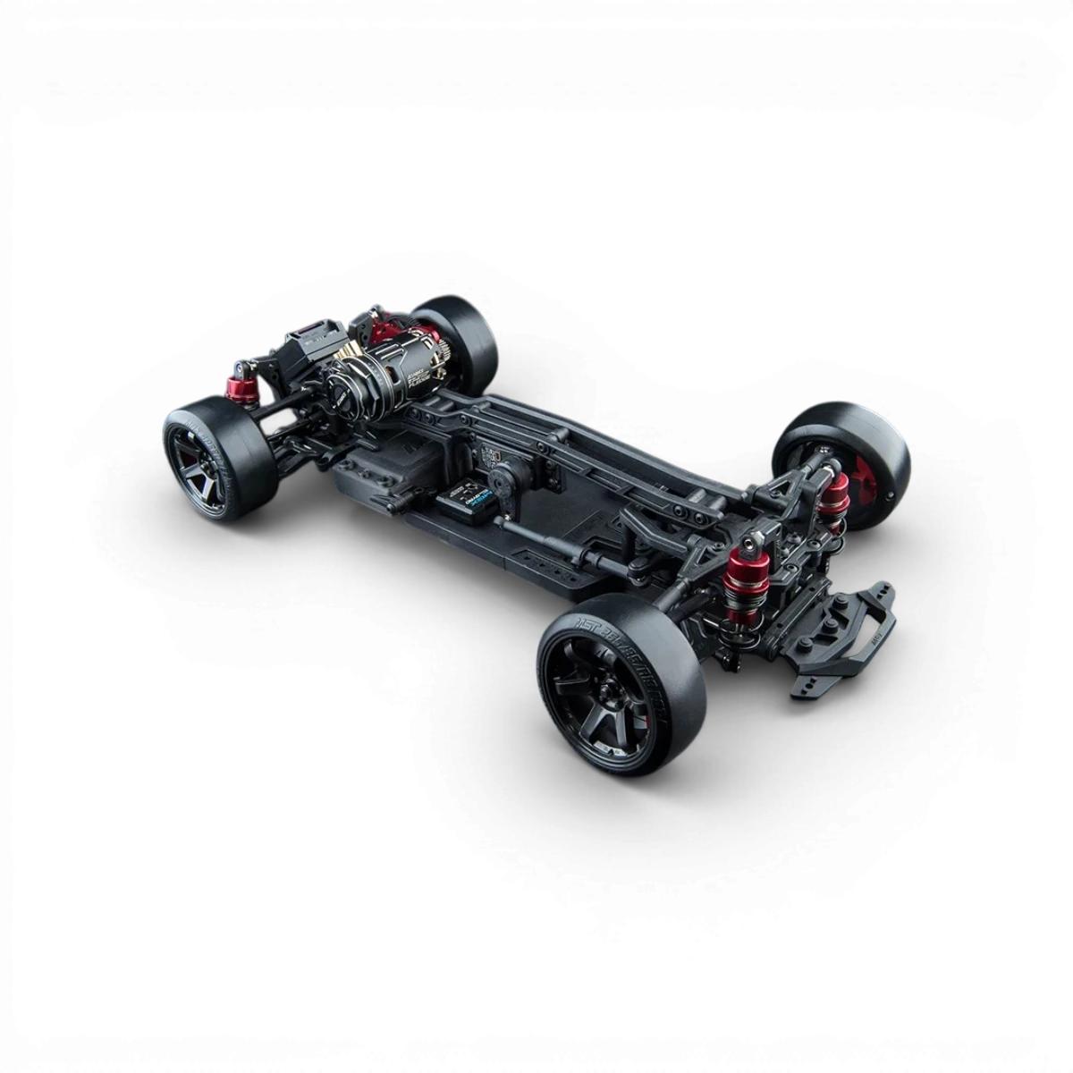 Châssis RC drift Max Speed Technology RMX 4 S PRO 1/10 RWD avec carrosserie Mustang, vue de face, pour voiture télécommandée.