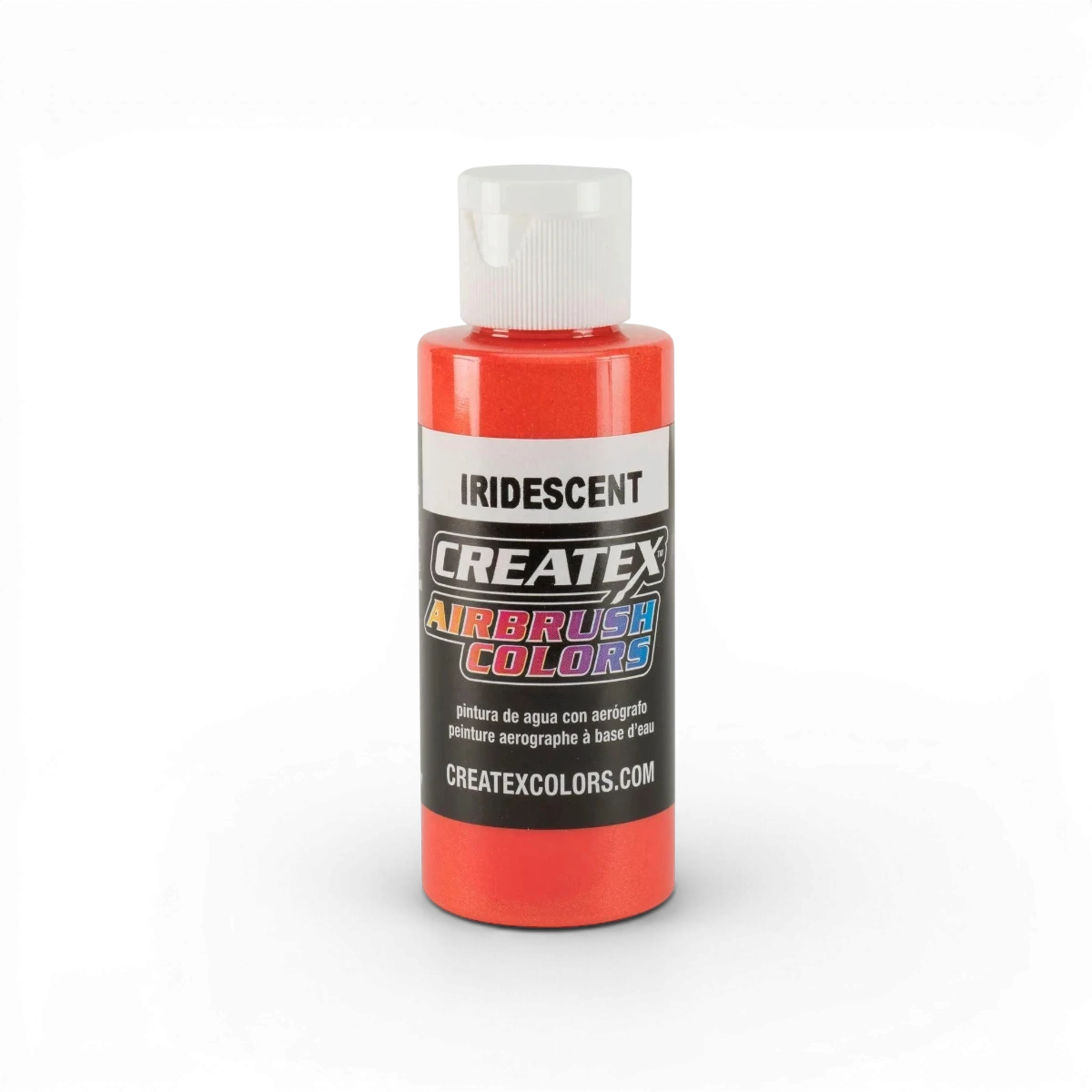 Peinture iridescente écarlate Createx Colors, finition classique, flacon avec étiquette colorée et bouchon noir.