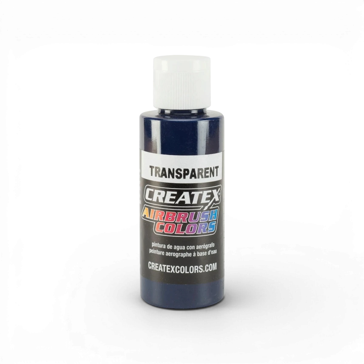 Tube de peinture acrylique Createx Colors Classic Transparent Bleu Profond, couleur bleue translucide.