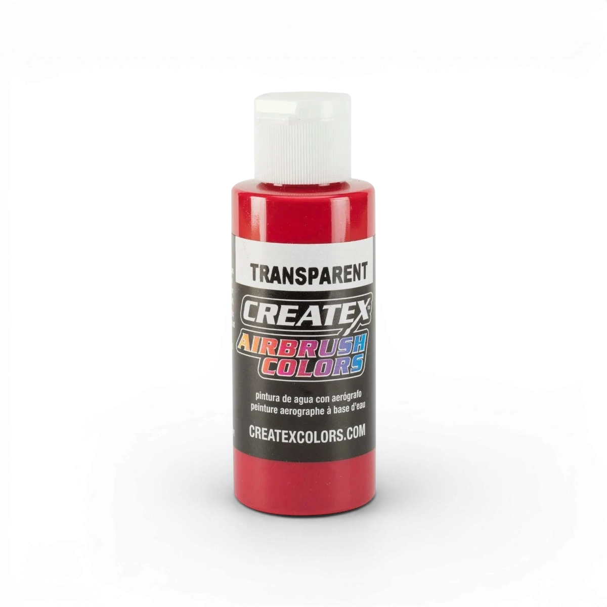 Aquarelle transparente classique Carmine de la marque Createx Colors, montrant la bouteille de peinture avec son étiquette rouge.