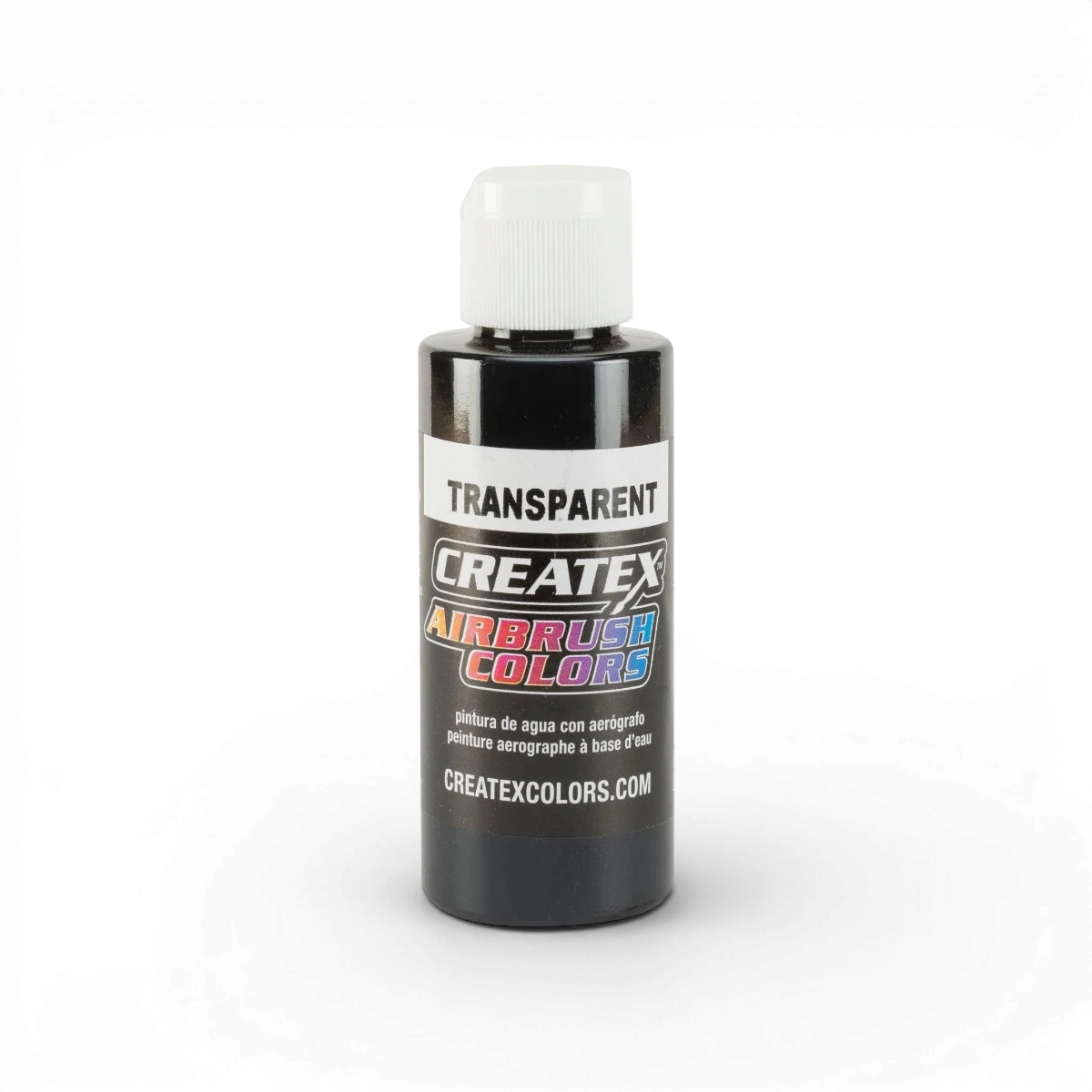 Pot de peinture transparente noire Createx Colors, finition classique, visible avec bouchon et étiquette sur le flacon.