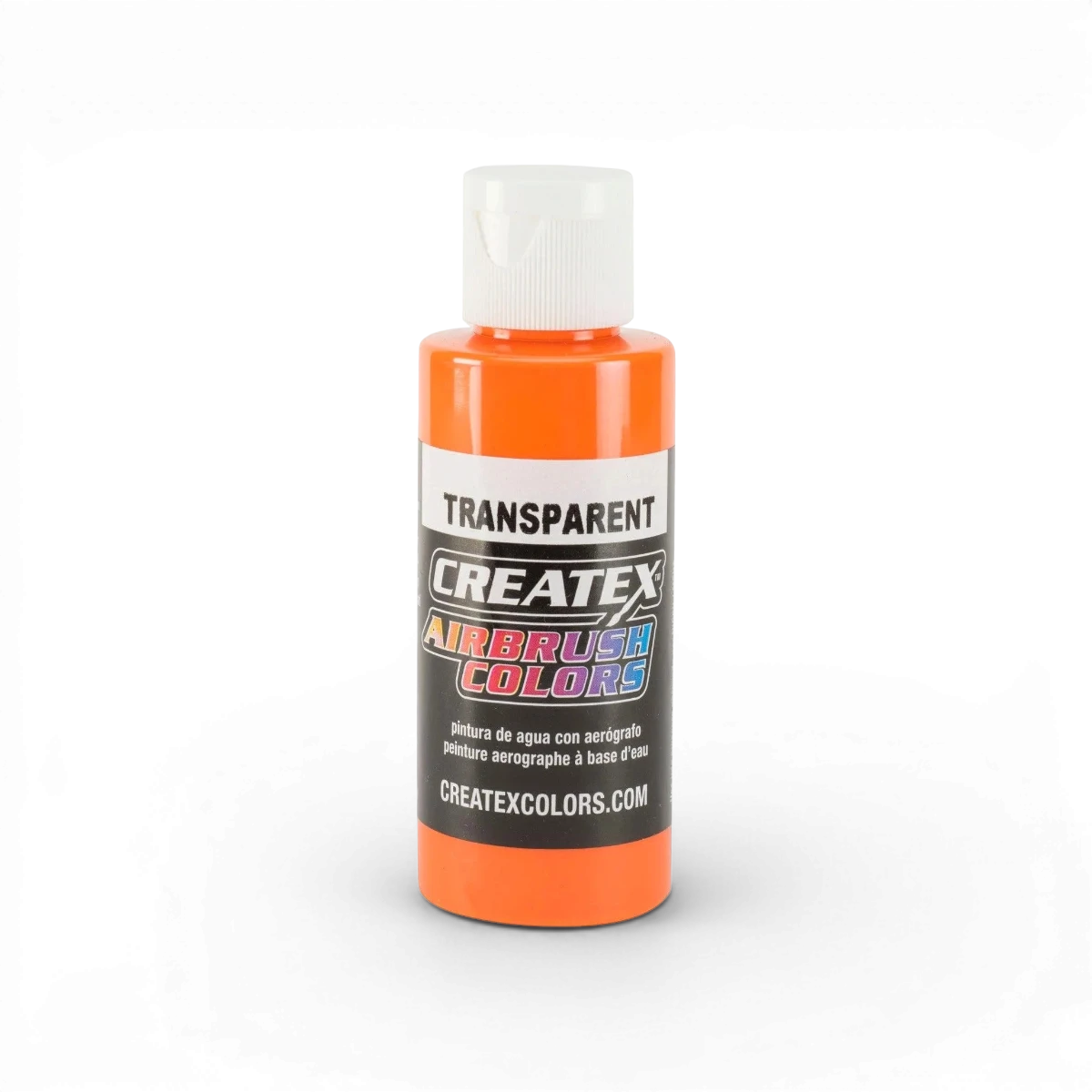 Peinture transparente orange Createx Colors, style classique, en pot avec couleur orange vibrante, visible dans l'image.