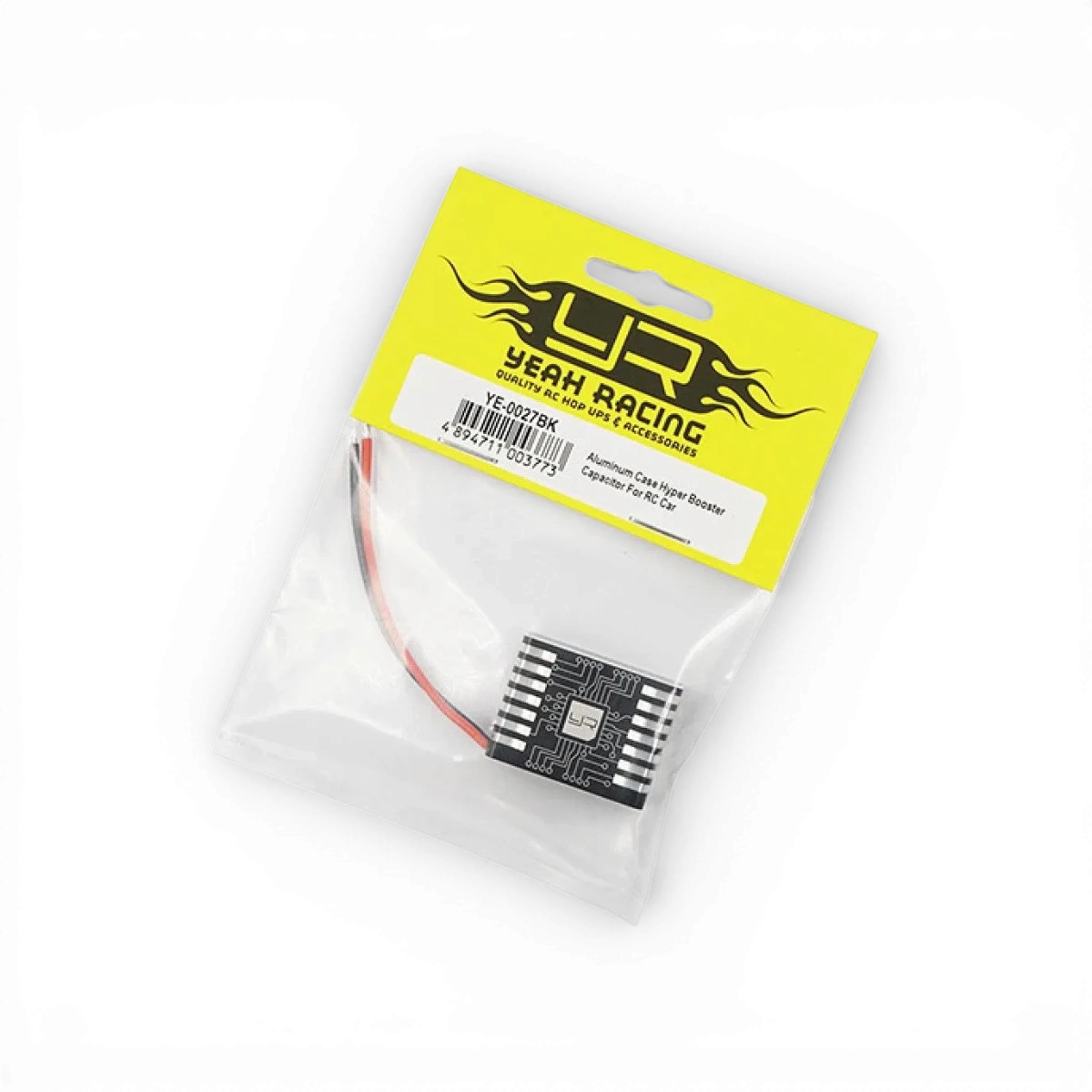 Condensateur Hyperboost Yeah Racing YE-0027BK pour améliorer la performance électronique, visible avec ses composants noirs et connecteurs.